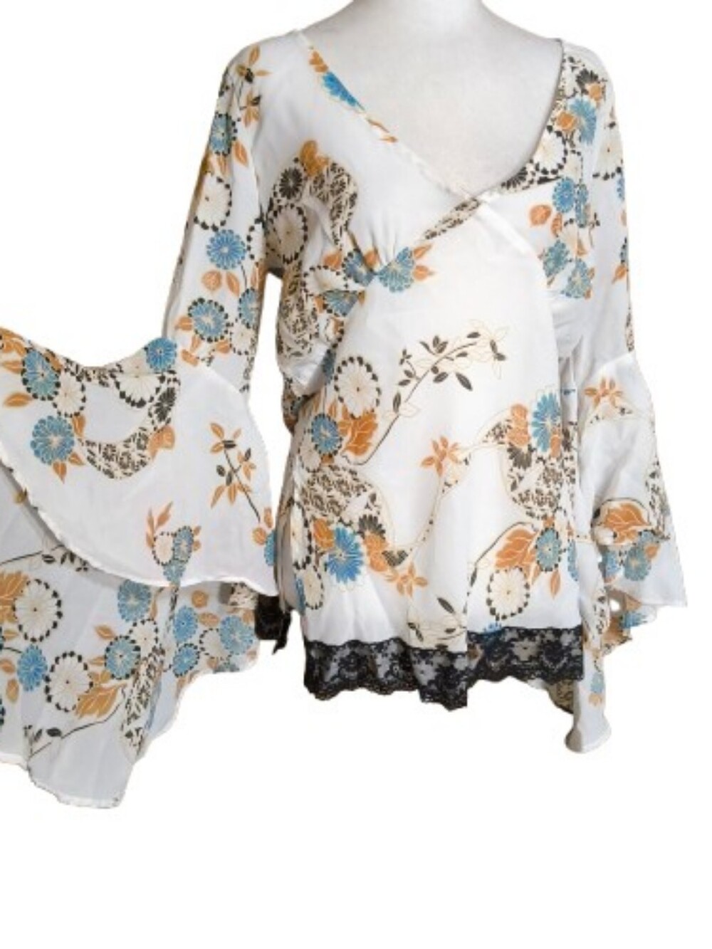 Y2K Miss Me Floral Bell Sleeve Top Lace Trim Boho Fairycore LG